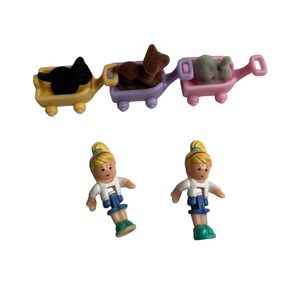 BLUEBIRD POLLY POCKET 1993 Lil' Pet Carts Figures Wagons Flocked Vintage Set
